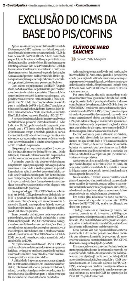 Correio Braziliense – Exclusão do ICMS da base do PIS/Cofins