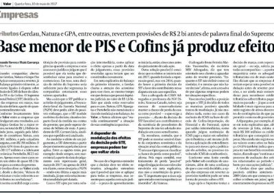 Valor Econômico – Base menor de PIS e Cofins já produz efeito