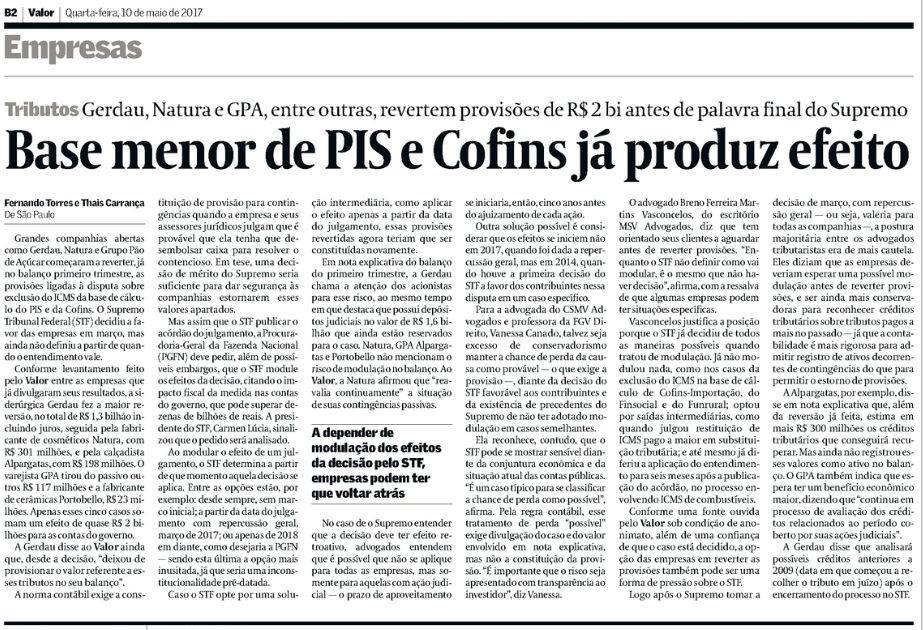 Valor Econômico – Base menor de PIS e Cofins já produz efeito