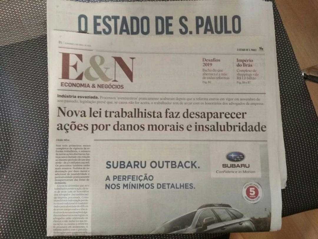 Estadão  – Nova lei trabalhista faz desaparecer ações por danos morais e insalubridade
