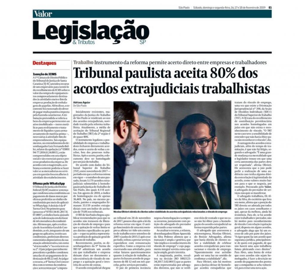 Valor Econômico – Tribunal paulista aceita 80% dos acordos extrajudiciais trabalhistas