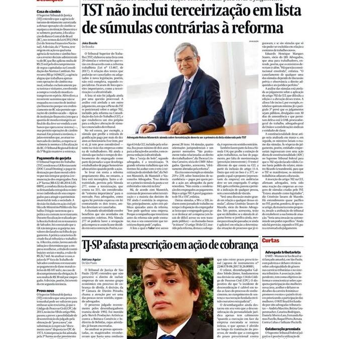 Valor Econômico – TST não inclui terceirização em lista de súmulas contrárias à reforma