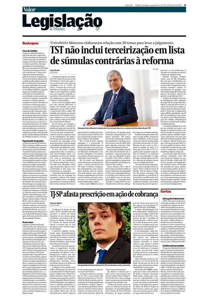 Valor Econômico – TST não inclui terceirização em lista de súmulas contrárias à reforma