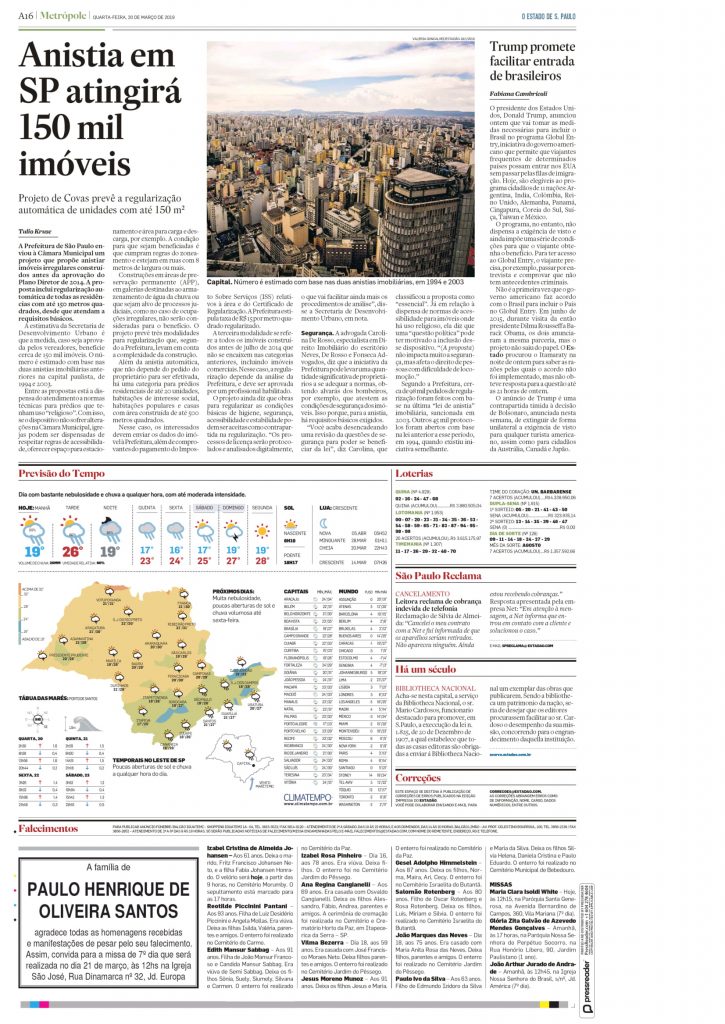 Estadão – Projeto de Covas pode anistiar 150 mil imóveis irregulares em SP