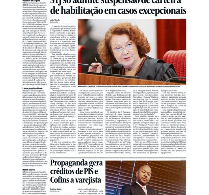 Valor Econômico – STJ só admite suspensão de carteira de habilitação em casos excepcionais