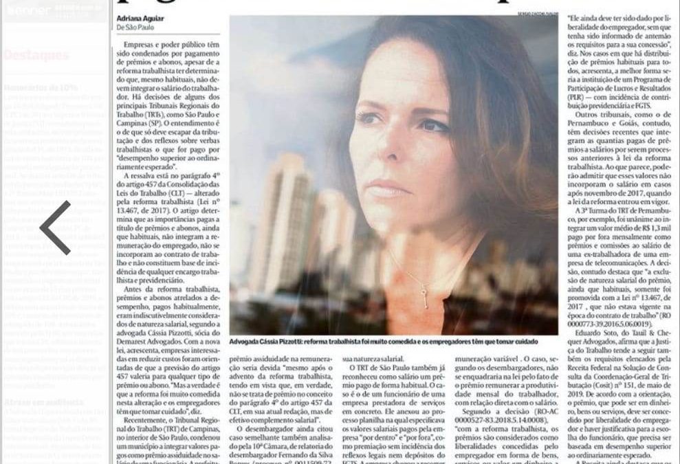 Valor Econômico – Tribunais condenam empresas por pagamento habitual de prêmio