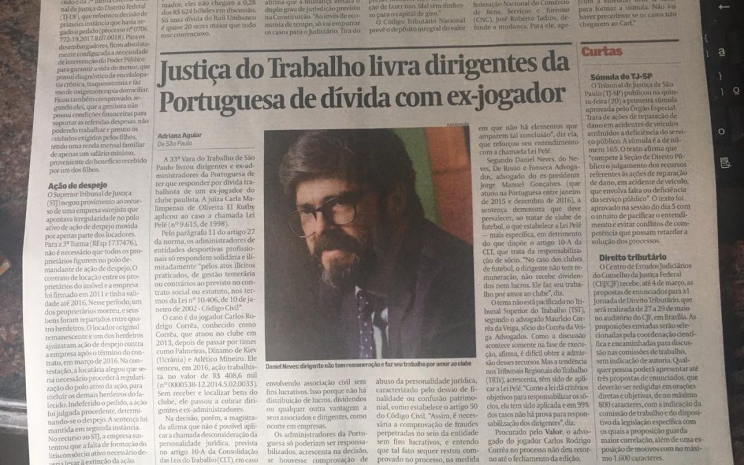 Valor Econômico – Justiça do Trabalho livra dirigentes da Portuguesa de dívida com ex-jogador