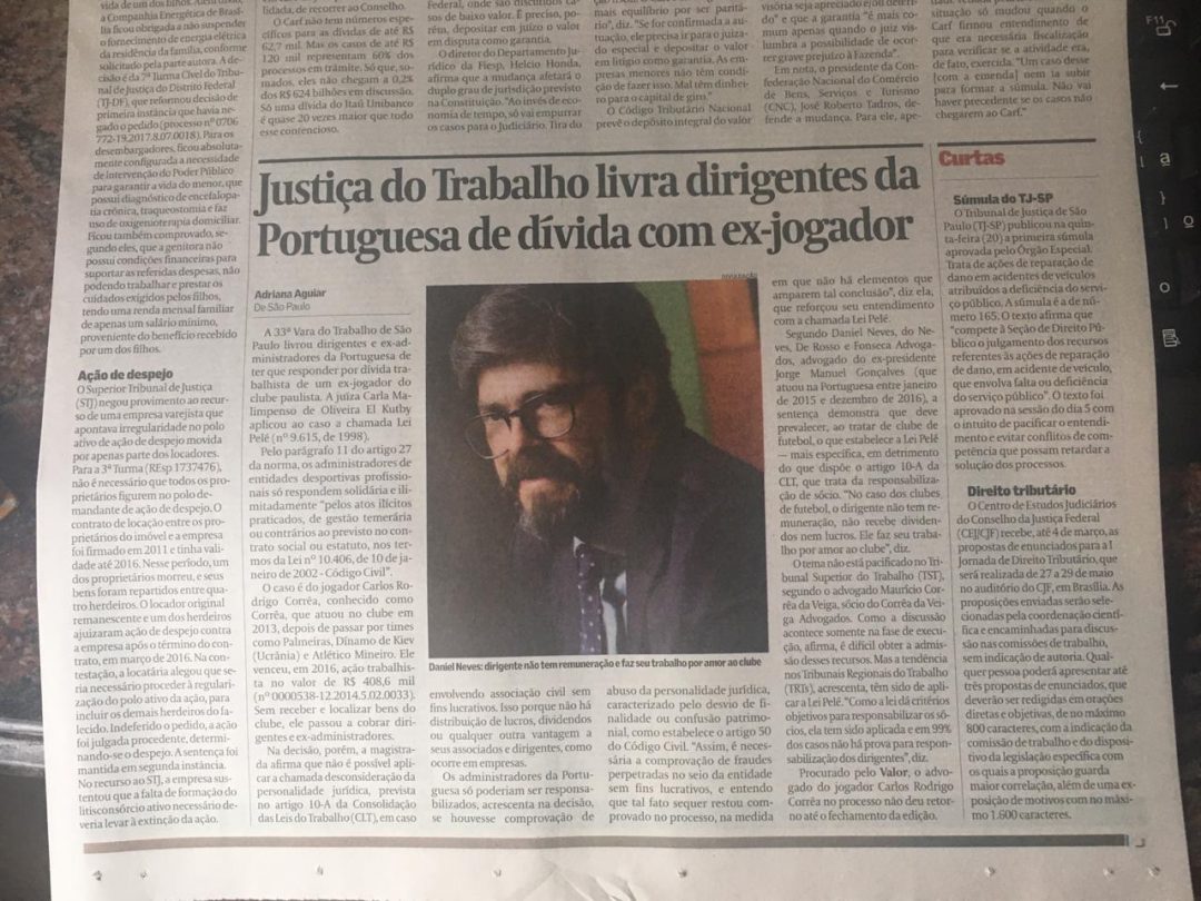 Valor Econômico – Justiça do Trabalho livra dirigentes da Portuguesa de dívida com ex-jogador