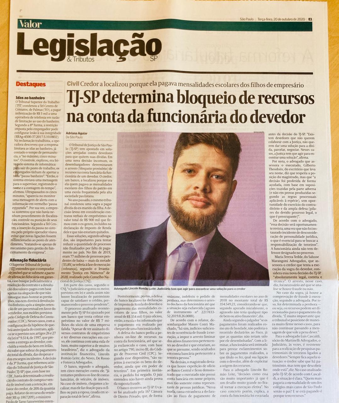 Valor Econômico – TJ-SP determina bloqueio de recursos na conta da funcionária do devedor