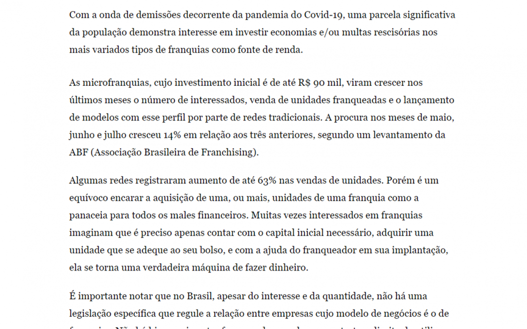 Estadão – Com mercado de franquias aquecido em meio à pandemia, novidades proporcionam mais segurança jurídica a franqueados e interessados