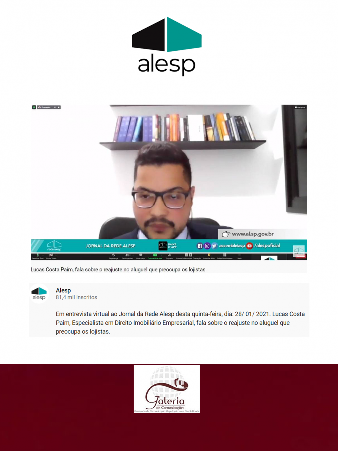 Jornal da Rede Alesp – Lucas Costa Paim, fala sobre reajuste no aluguel que preocupa os lojistas