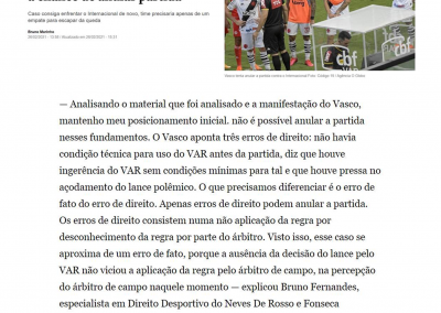 O Globo – Vasco: Após áudio e vídeo, especialistas se dividem quanto à chance de anular partida