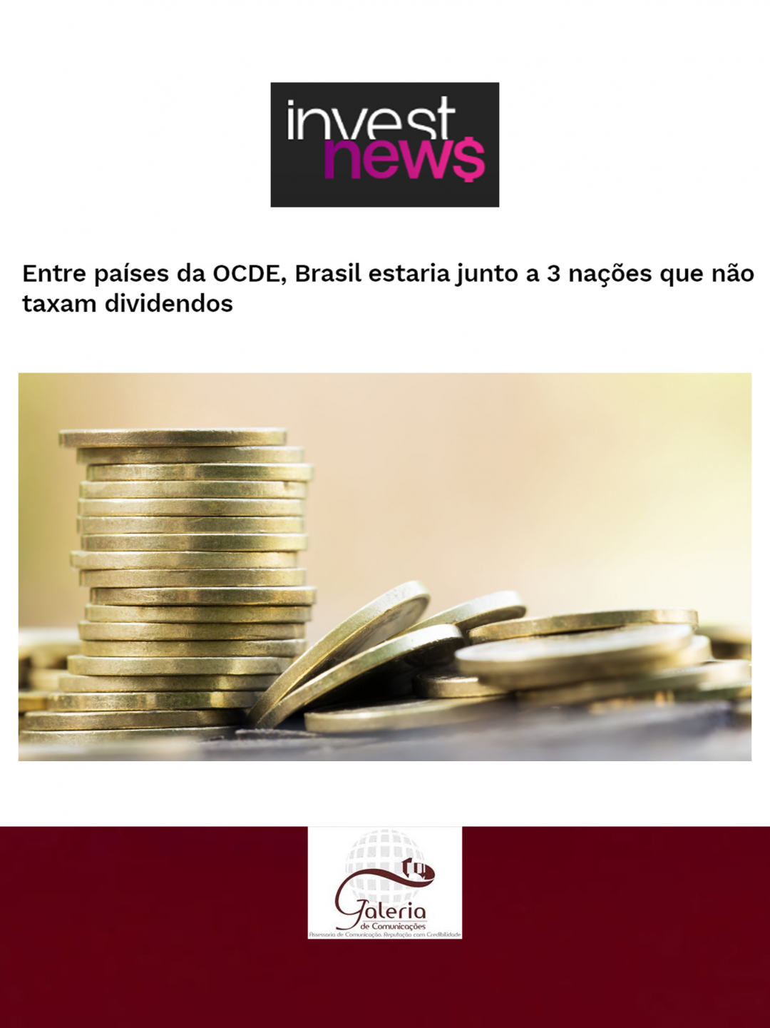 InvestNews – Entre países da OCDE, Brasil estaria junto a 3 nações que não taxam dividendos