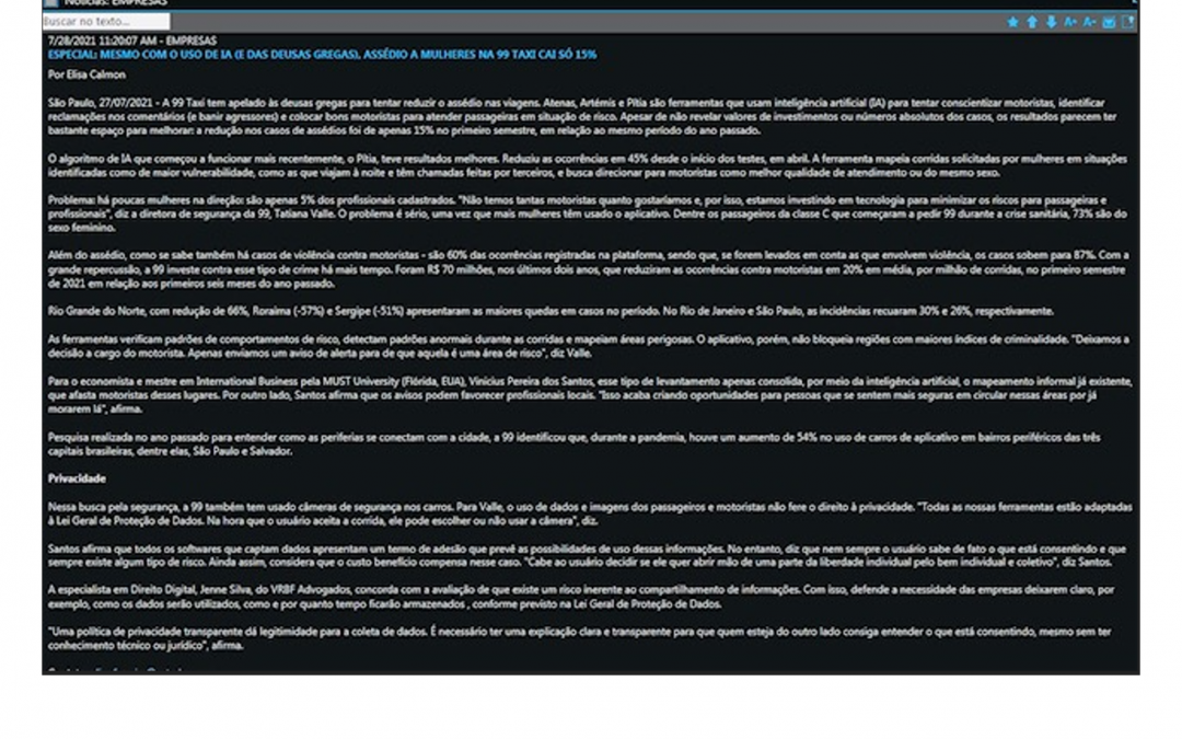 Estadão Broadcast – Especial: Mesmo com a utilização de IA (E das deusas gregas), assédio a mulheres na 99 táxi cai só 15%