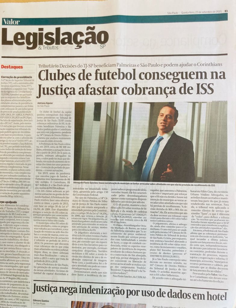 Valor Econômico – Clubes de futebol conseguem na Justiça afastar cobrança de ISS