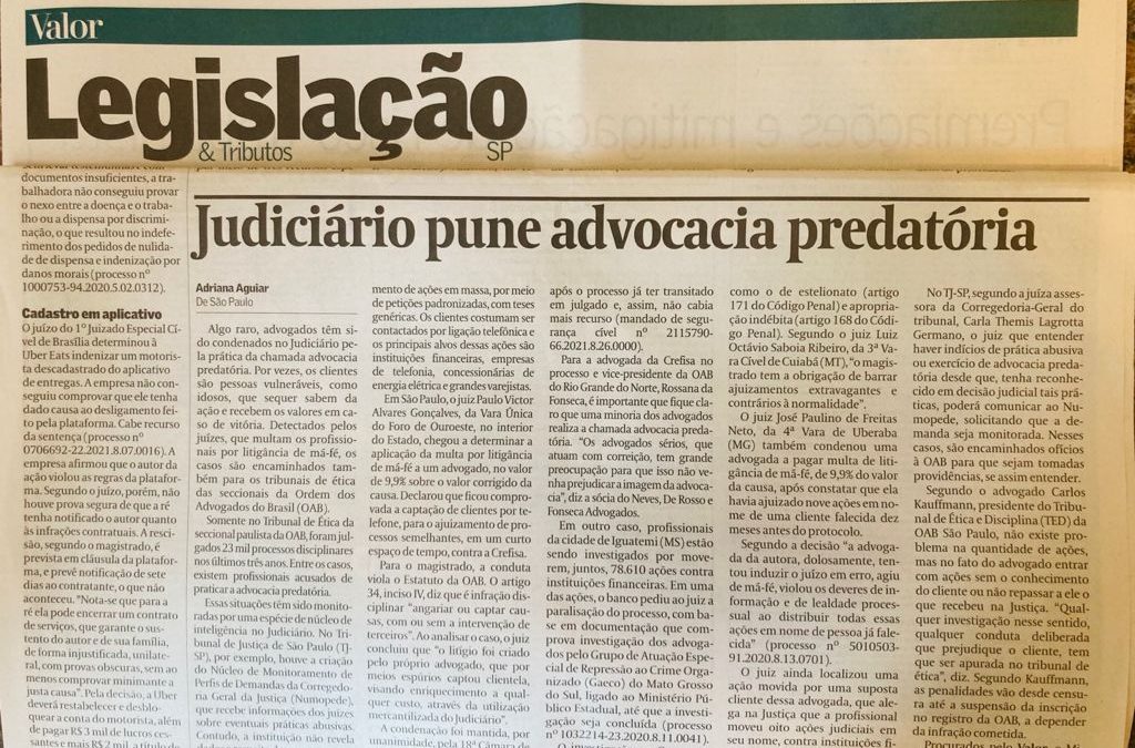 Valor Econômico – Judiciário pune advocacia predatória