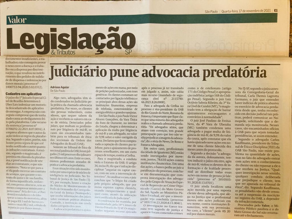 Valor Econômico – Judiciário pune advocacia predatória
