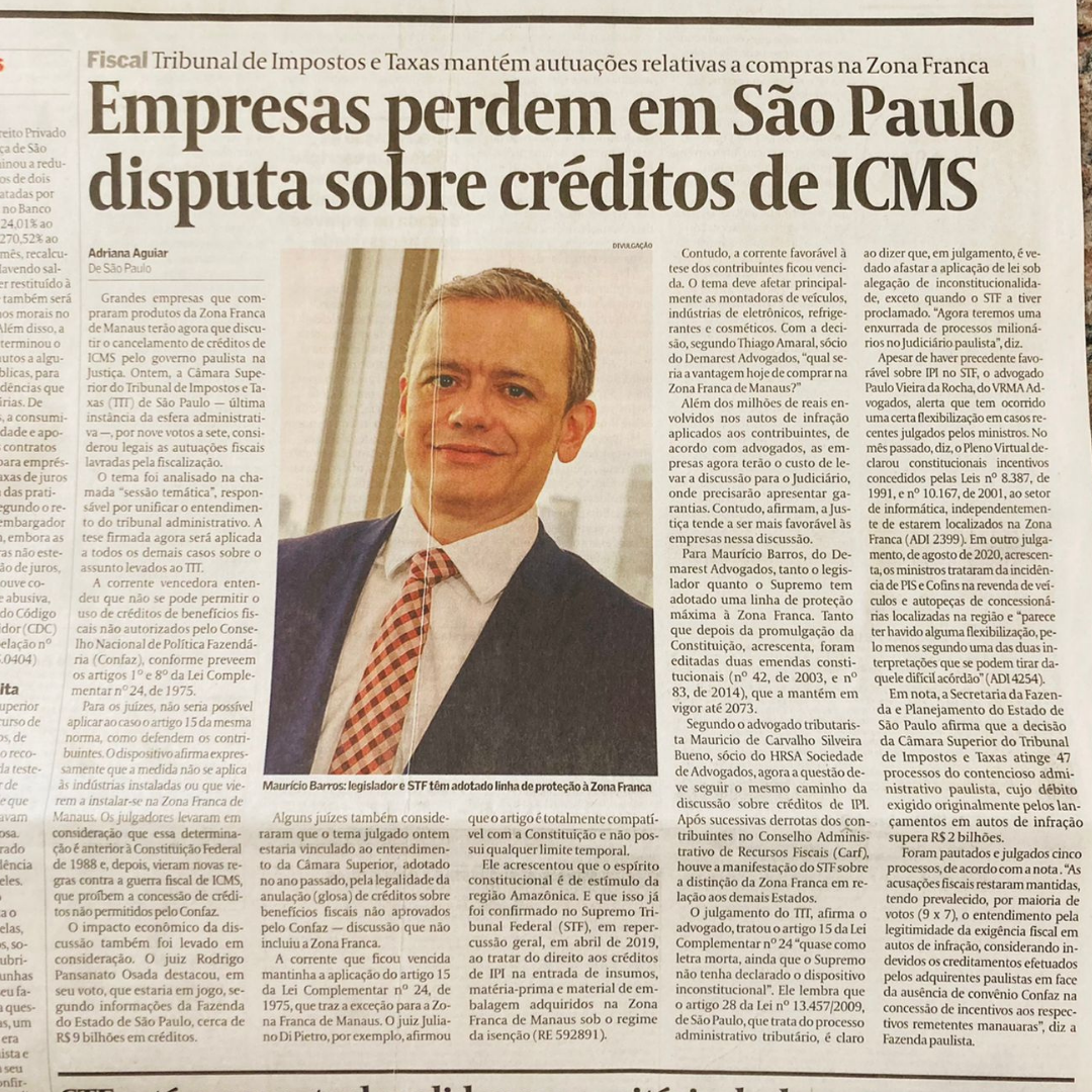 Valor Econômico – Empresas de São Paulo perdem disputa sobre cobrança de ICSM